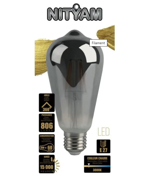 NITYAM LED-Filamentlampe ST64 E27 8 W mit Rauchglas, 3000 K Warmweiß