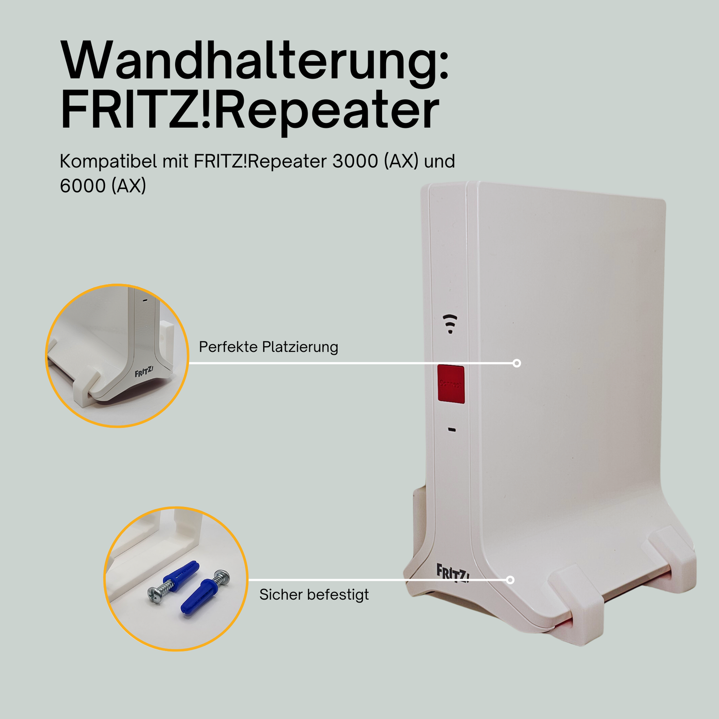 Wandhalterung für Fritz!Box Repeater 3000, 6000, 3000 AX, 6000 AX – Mit Befestigungsmaterial